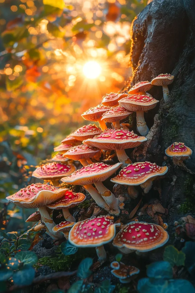 A cluster of red and white mushrooms with white spots grows on a tree trunk in a forest. Sunlight filters through the leaves, creating a warm glow. The scene is peaceful and magical, with a hint of mystery.
