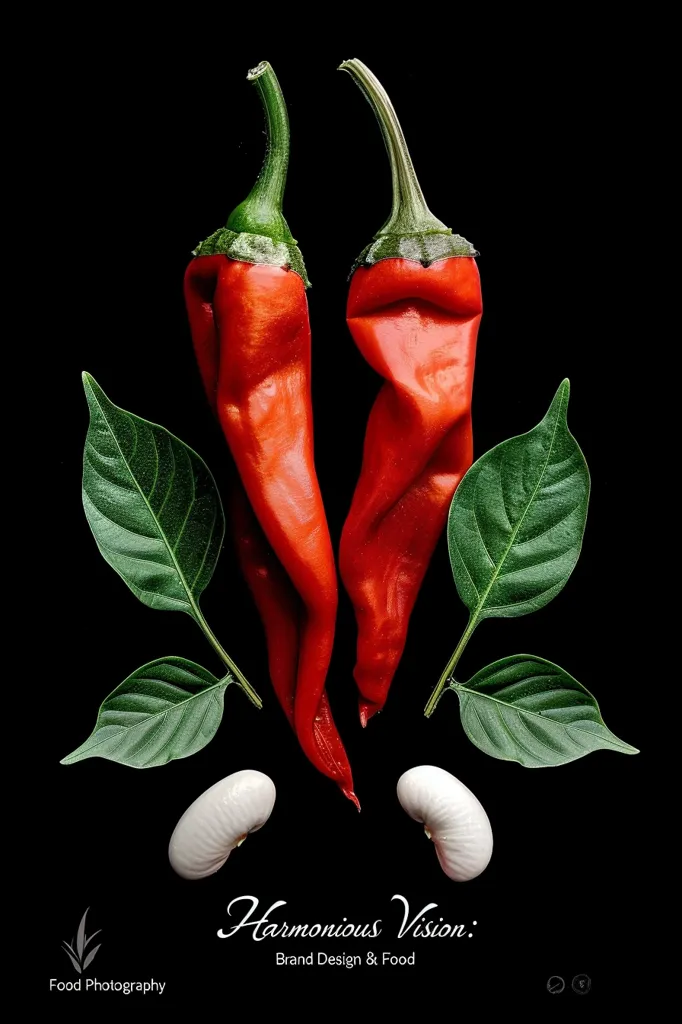 Two red chili peppers are arranged symmetrically against a black background. Their stems point upwards, and their pointed ends face downwards. Green leaves are on either side of the peppers, and two white beans are positioned below them. The composition is balanced and visually appealing.  The photo has a simple yet elegant design, showcasing the beauty of natural elements.
