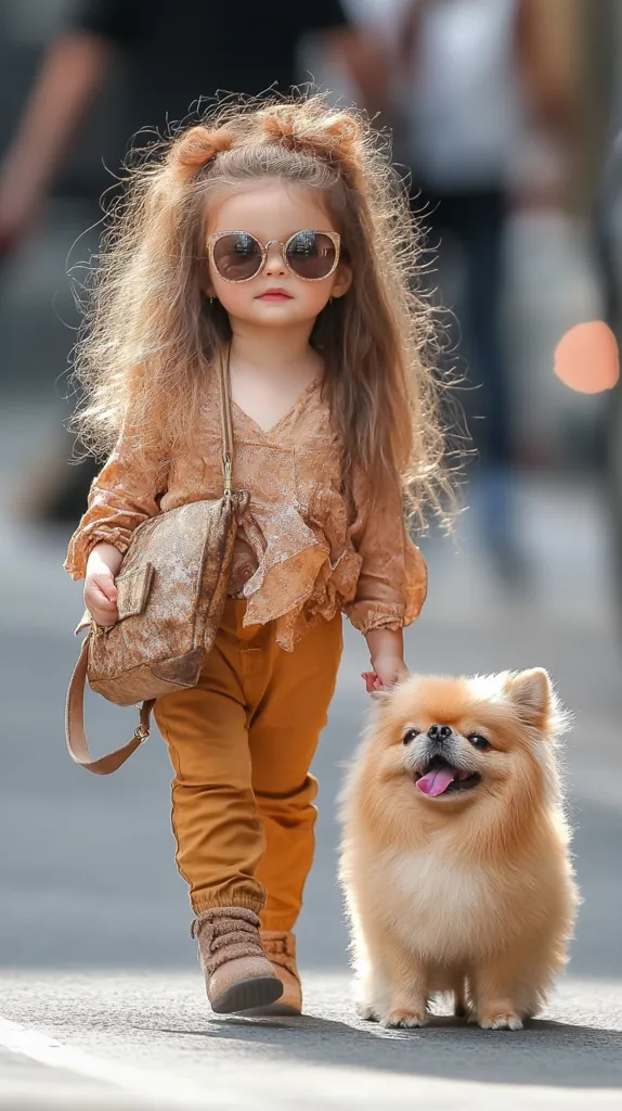 A young girl with long brown hair, wearing stylish sunglasses and a brown outfit, walks down a street with a fluffy brown dog. The girl carries a brown shoulder bag and wears brown boots. She smiles as she looks down at the dog, who walks beside her. The setting is an urban environment, with blurred background details suggesting a busy city street.