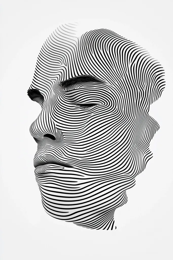 The image is a black and white line drawing of a person's face. The lines are curved and create a sense of depth and texture. The person has their eyes closed and their mouth is slightly open, giving the impression of calmness or meditation. The image is minimalist and abstract, but still conveys a sense of emotion and humanity.