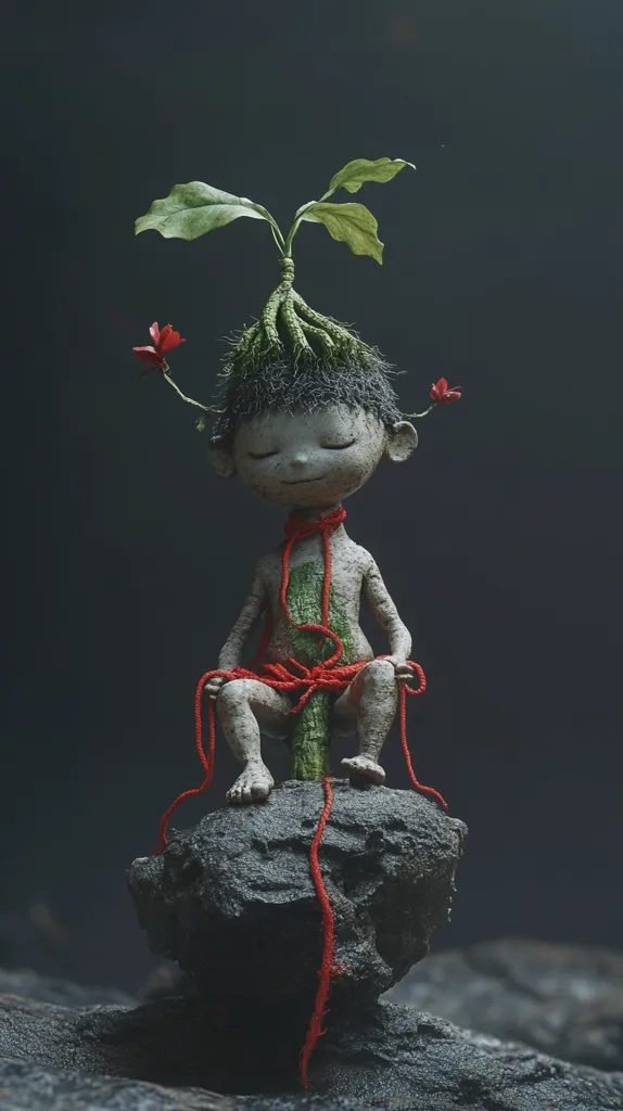 A small, clay-like figure sits cross-legged atop a large rock. The figure is made of a gray clay and has a plant growing from its head. The plant has green leaves and red flowers, and the figure is tied to it with red strings. The figure has its eyes closed, and its expression is serene. The background is a dark gray, and the image is lit from above. The figure is depicted in a state of meditation, surrounded by nature.