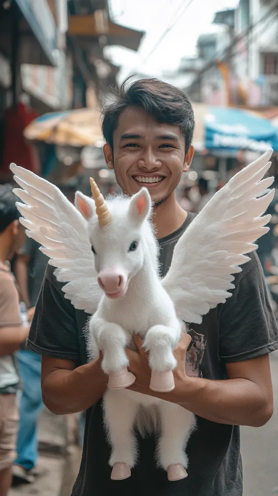 A young man with a black t-shirt is holding a white fluffy unicorn with pink boots. The unicorn is looking at the camera with a playful expression. He is smiling brightly and the background is blurred, suggesting a busy street. The scene has a whimsical and happy vibe.