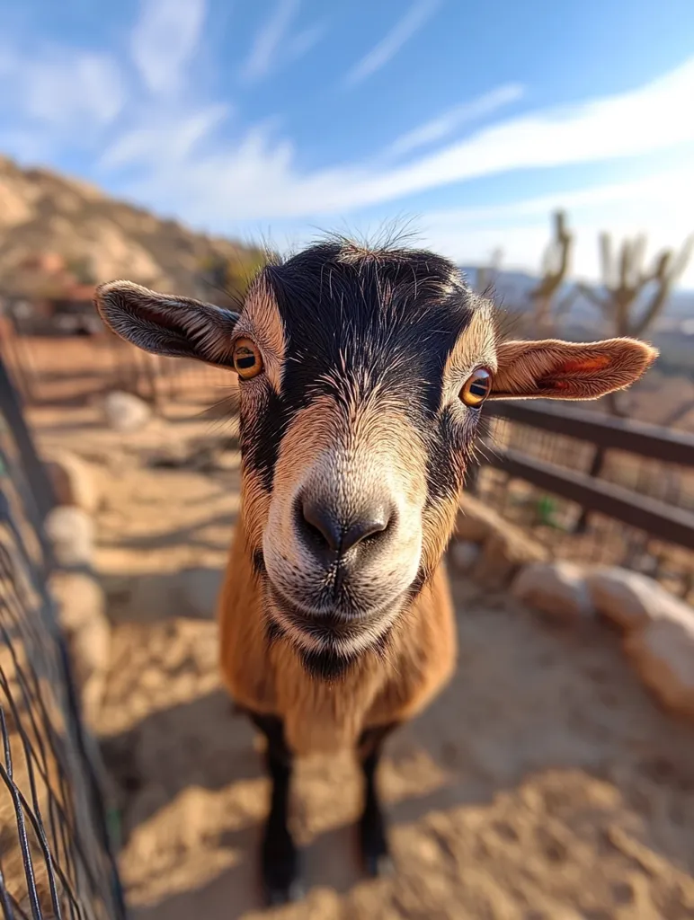 A brown and black goat looks directly at the camera with a curious expression. Its large, dark eyes are wide open, and its nostrils are flared slightly. The goat's fur is soft and fluffy, and its body is slender and muscular. The background is blurred, giving the impression that the goat is standing in a wide-open space. The goat seems friendly and approachable, and its playful expression makes it clear that it is happy to be in the presence of humans.