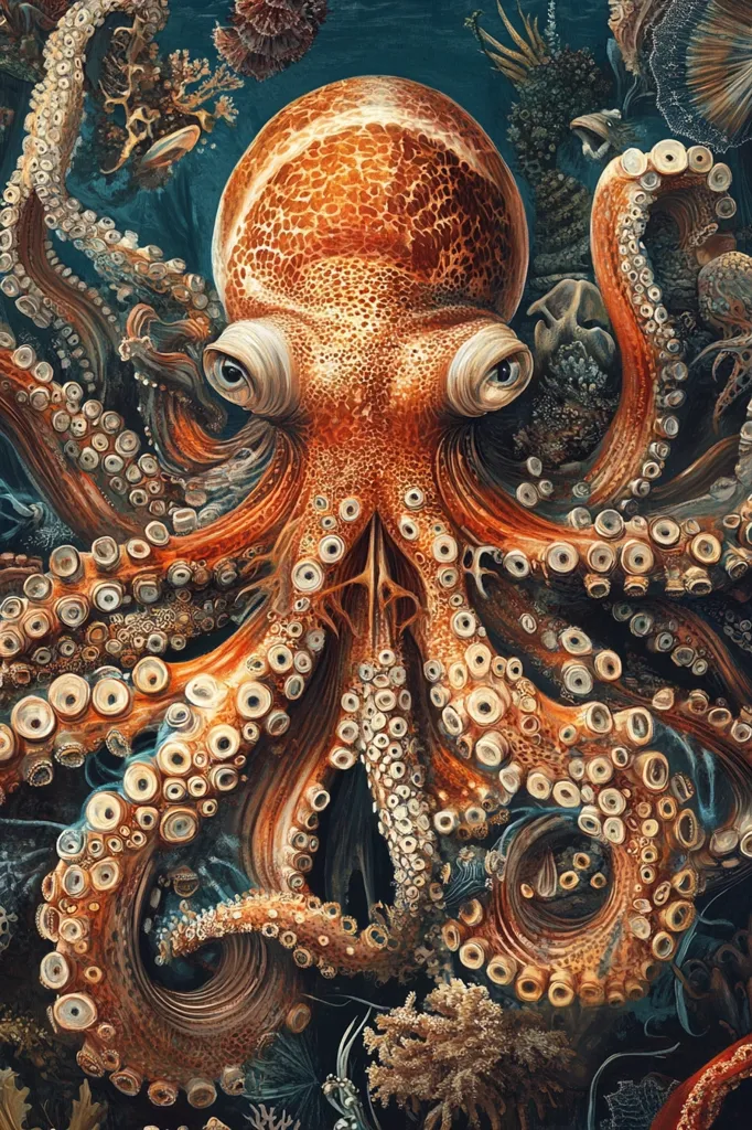 A large, intricately detailed octopus with large, round eyes stares out from the depths of a dark, underwater scene. Its orange, fleshy body is covered in suction cups and its tentacles are curled around a variety of marine life, including coral and seaweed. The scene is rendered in a realistic style, with a focus on the texture and detail of the octopus's body. The dark background and the octopus's piercing gaze create a sense of mystery and intrigue.
