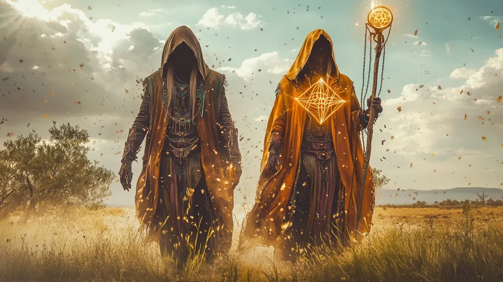 Two figures in hooded robes, one with a glowing staff, walk through a field of tall grass under a cloudy sky.  The figures are obscured by their clothing and appear to be mysterious and powerful.  A geometric pattern glows on the chest of the figure with the staff.  Small particles are falling from the sky.