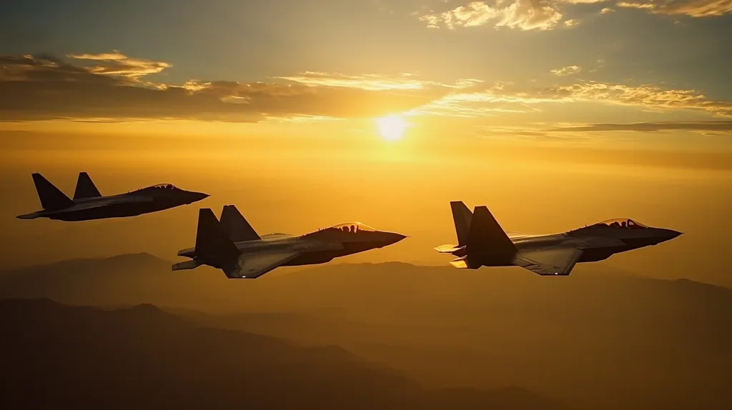 Three fighter jets fly in formation against a golden sunset. The jets are silhouetted against the bright sky, with the sun glinting off their wings. The clouds are wispy and spread out, with a sense of vastness in the distance. The image is a dramatic and beautiful depiction of military might and natural beauty.