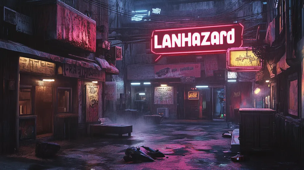 A neon sign with the words "LANHAZARD" in bold pink letters hangs above a dimly lit alleyway in a cyberpunk city. The alley is lined with buildings, some with doors and windows, and some with just blank walls. The ground is wet, and there is a small bench in the middle of the alley. The atmosphere is dark and mysterious. The only light comes from the neon signs and the street lamps.