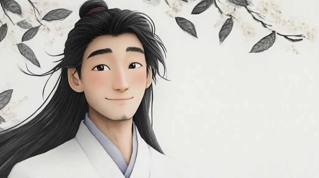 A young man with long black hair tied back in a bun, wearing a white robe, smiles gently. His features are soft and kind. He is positioned against a white background with a few branches with leaves extending into the frame. The image has a simple, elegant style.