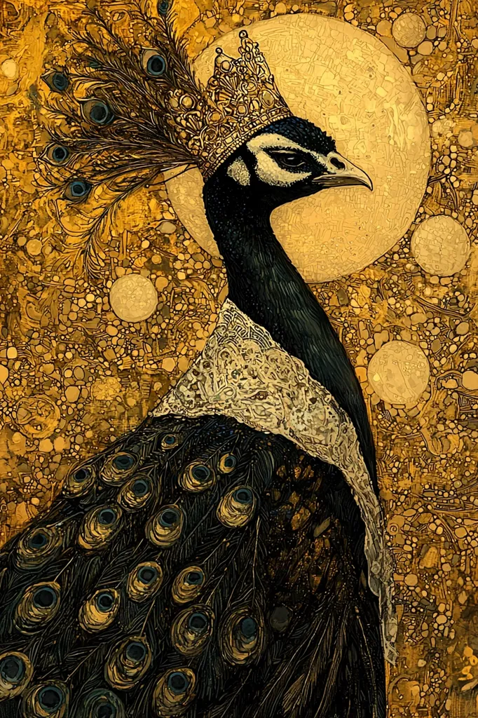A majestic peacock with a crown of gold sits against a textured, golden background. The bird’s feathers are dark and intricate, with pops of blue. The background features a large, full moon, along with smaller circular shapes.  The image has a vintage and ornate feel.