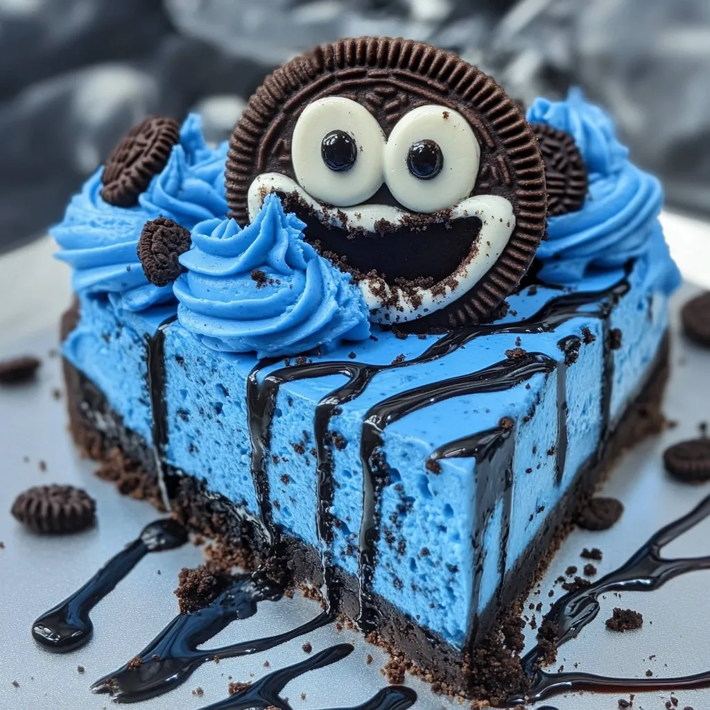 A slice of blue cheesecake with a chocolate cookie face on top. The cookie has large white eyes and a wide smile. The cheesecake is drizzled with chocolate and has a chocolate cookie crust. There are other chocolate cookie crumbs on the plate.  The cheesecake is decorated with blue frosting.  It appears to be a fun and playful dessert.