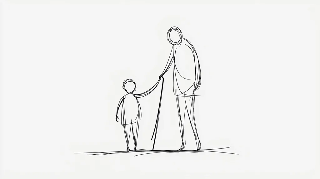 The image is a simple line drawing of an adult and a child walking together. The adult is holding a cane and the child is holding the adult's hand. The image is drawn in a minimalist style, with only the essential lines being included. The drawing is set against a plain white background, which emphasizes the simplicity of the image. The image conveys a sense of companionship and support, suggesting that the adult is helping the child to walk.