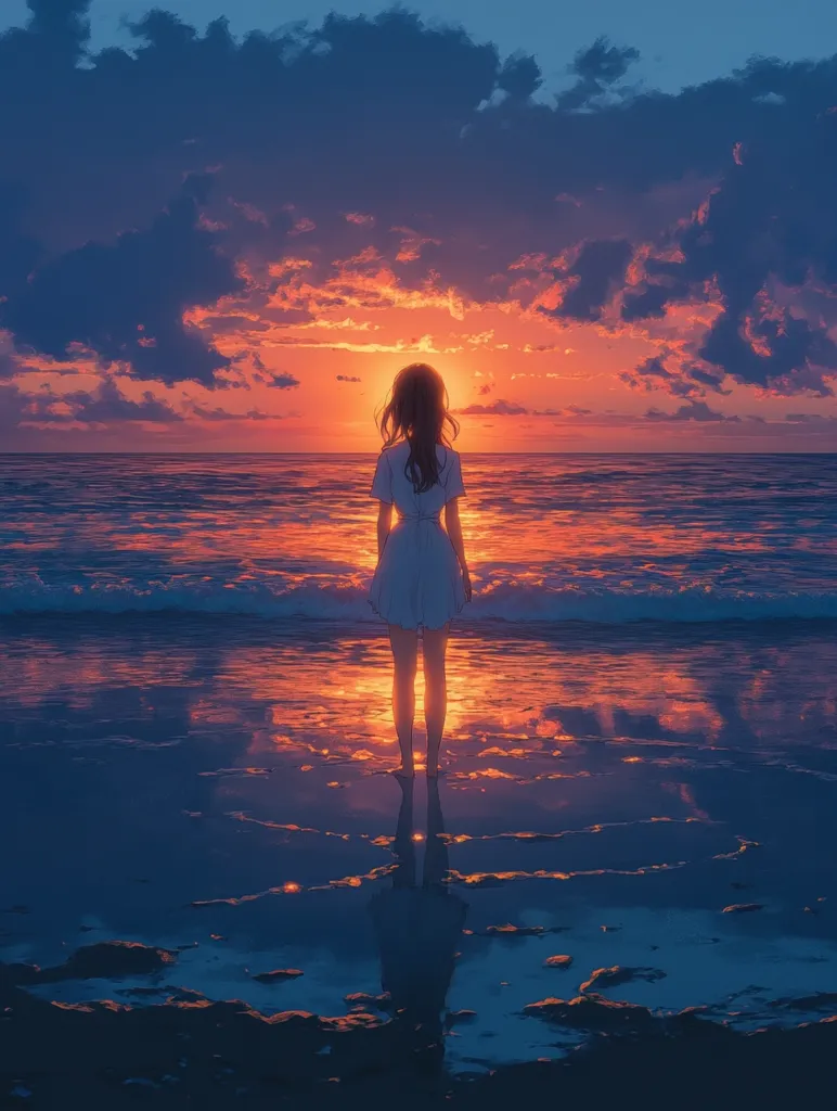A lone figure in a white dress stands on a sandy beach, gazing out at a breathtaking sunset over the ocean. The sky is ablaze with vibrant hues of orange, pink, and purple, reflecting on the rippling water. The scene evokes a sense of tranquility and solitude, as the woman silhouetted against the colorful sky.