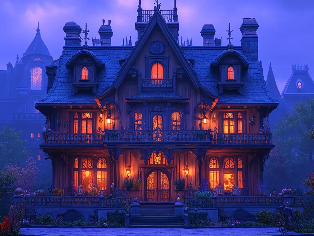 A grand, intricately designed Victorian-style house stands bathed in the soft glow of twilight. Its wooden frame is adorned with elaborate details, and its windows illuminate the interior with a warm, inviting light. The house sits on a stone foundation with a sweeping staircase leading up to its entrance. The surrounding landscape is lush and verdant, adding to the home's charming appeal. The scene evokes a sense of mystery and tranquility.