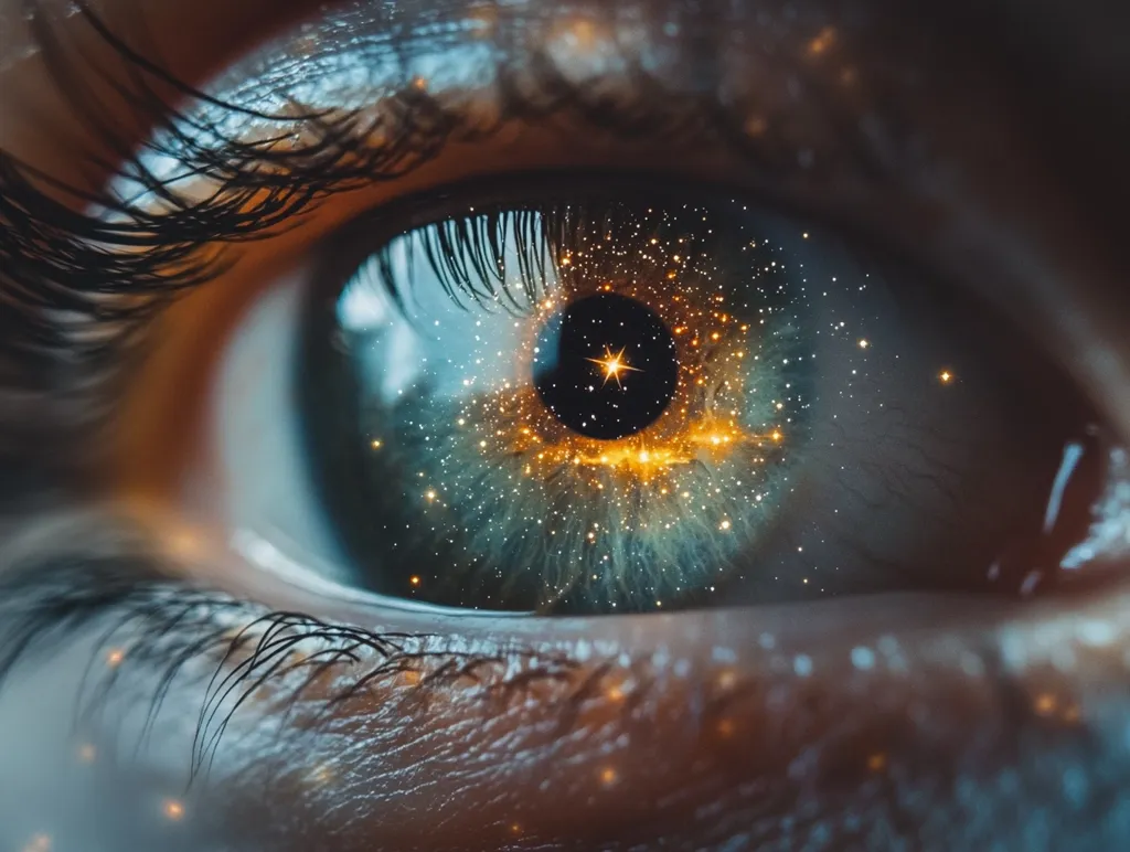 The image shows a close-up of an eye, where the pupil is replaced with a galaxy. The eye is looking directly at the viewer, and the galaxy is filled with twinkling stars and a bright, central star. The eyelashes are long and dark, and the skin around the eye is soft and smooth. The image is a surreal and artistic representation of the vastness of the universe.