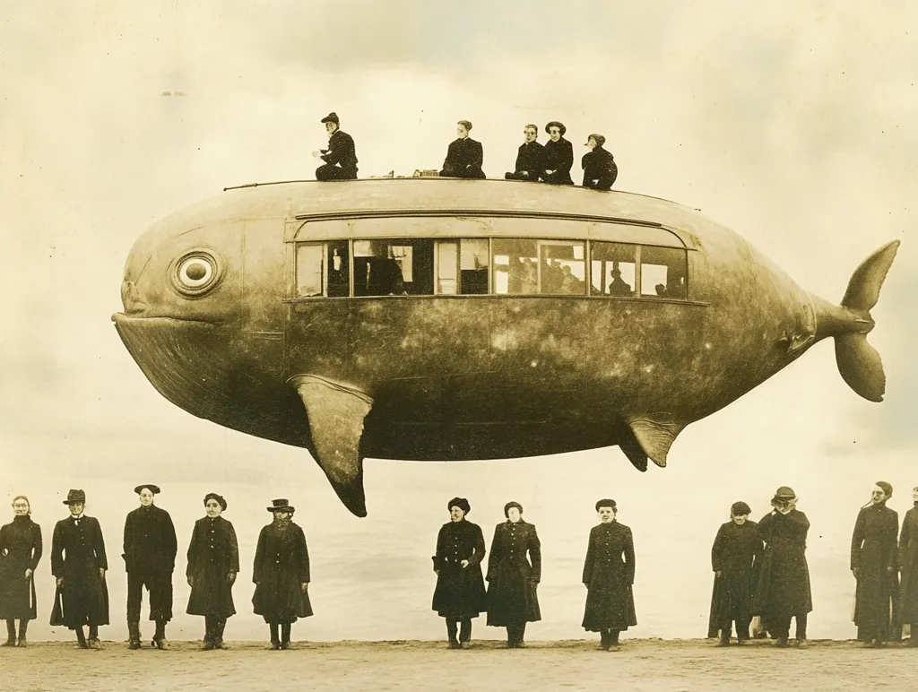 The image is a sepia-toned photograph showing a large, whale-shaped airship. The airship has windows and appears to be carrying people on board. People are standing on the ground looking up at the airship, which is suspended in the sky. The photo seems to be from the early 20th century.  There are a few other people on board the airship, including a man seated at the front, facing forward, and several people standing around the ship. The image has a whimsical and fantastical feel, capturing the imaginative spirit of a bygone era.