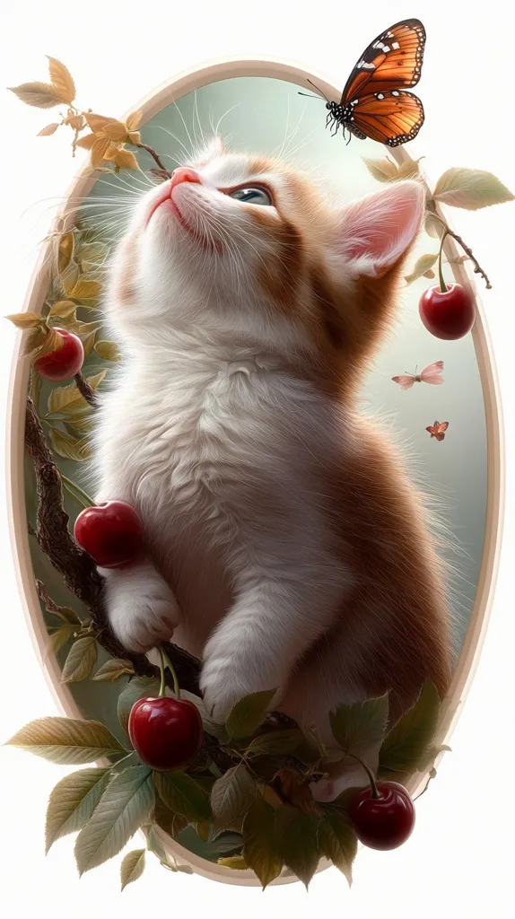 A cute, fluffy orange and white kitten is nestled in a cherry tree, looking up at a butterfly. Its paws are wrapped around a branch, and a ripe red cherry hangs nearby. The image is framed in a circular border with a soft, blurred background, emphasizing the kitten's cuteness.  Two smaller butterflies are fluttering in the distance.