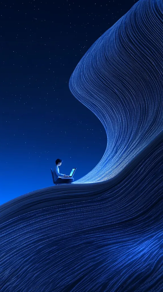 A lone figure sits on a swirling, blue, digital wave, using a laptop. The background is a dark blue sky with stars, creating a sense of solitude and contemplation. The image suggests a connection to the digital world and a feeling of being enveloped in information. The scene is both futuristic and ethereal.