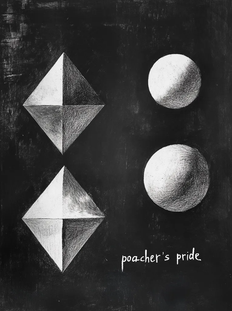 A black and white drawing of two three-dimensional diamond shapes and two spheres on a black background. The shapes are drawn with shading to give them a sense of volume. The words "poacher's pride" are written below the shapes. The drawing is done in chalk on a chalkboard.