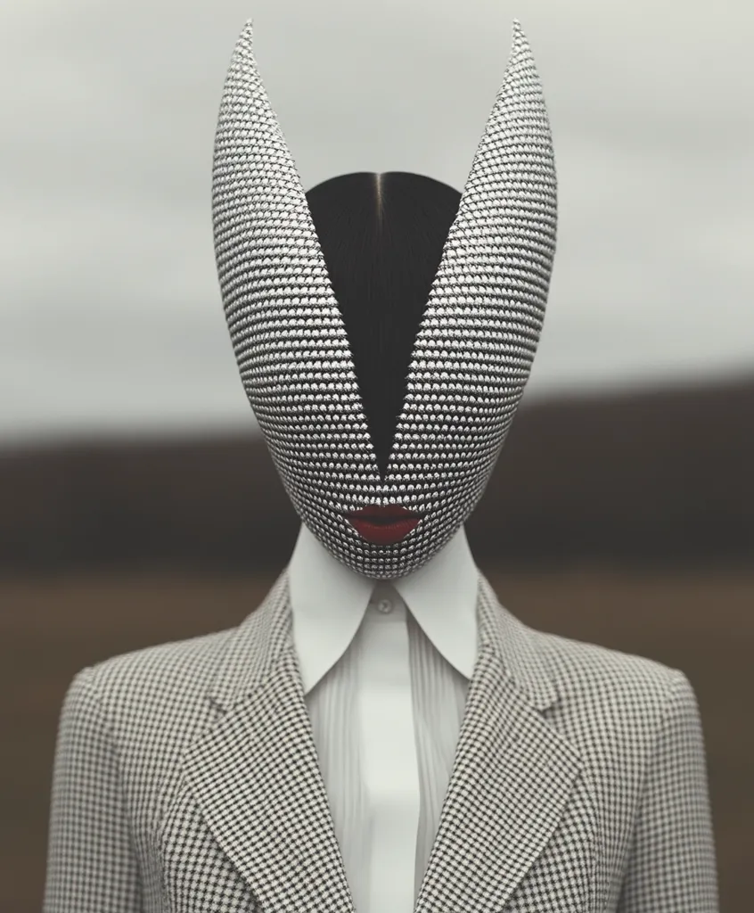 The image features a person wearing a black and white checkered suit and a silver mask that covers their face. The mask is shaped like two points with a small opening for their lips. The person has a dark hair parted in the middle.  The background is out of focus and shows a blurry landscape with a soft tone. The image is shot in a minimalist style with a focus on the person's attire and mask.