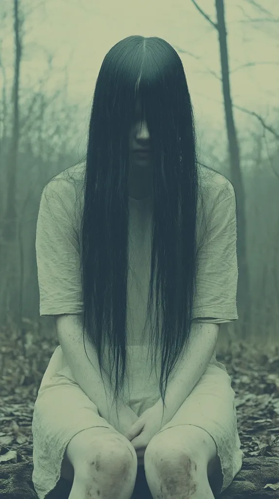 A young woman with long black hair sits in a forest, her face obscured by her hair. She is wearing a white, long-sleeved dress. The forest background is a blur of green and grey.  The image has a haunting and eerie tone.