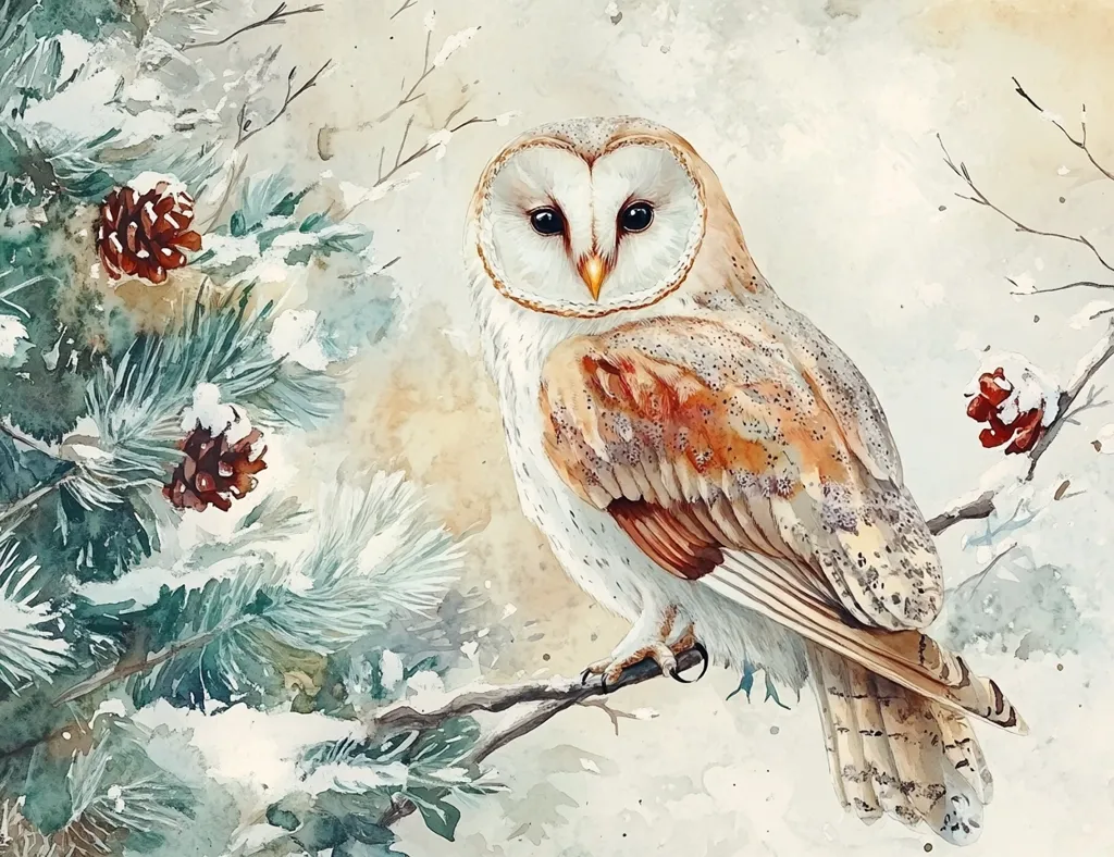 A barn owl sits on a snow-covered branch, its large yellow eyes staring intensely. Its white and brown feathers are meticulously painted, highlighting its detailed patterns. The background is a soft watercolor wash of white and grey, with a few pine branches and red berries adding pops of color. The overall effect is serene and peaceful, capturing the beauty of winter.