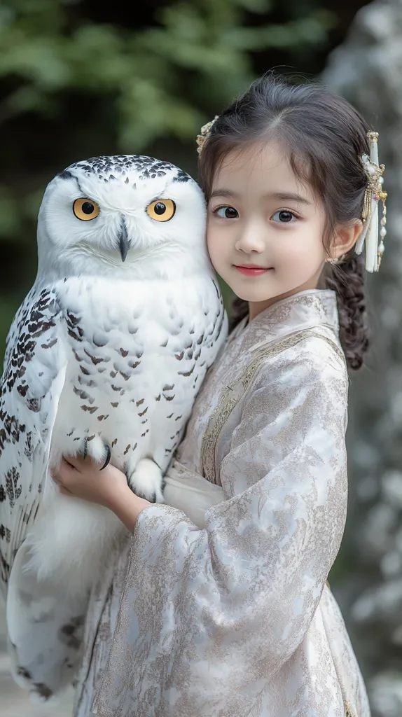 A young girl, wearing a beautiful white dress with intricate patterns, holds a snowy owl in her arms. The owl is staring intently at the camera with its bright yellow eyes. The girl's face is soft and innocent, with her long dark hair styled in a braid with delicate hair ornaments. The background is a blurred image of green foliage, creating a sense of depth and tranquility.