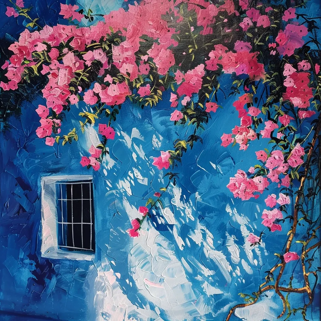 The painting features a bright blue wall with a white-framed window. Pink flowers cascade down the wall from the top of the frame. The flowers are painted in a loose style, with visible brushstrokes and some white highlights. The background is a textured blue, suggesting a sky. The overall mood of the painting is vibrant and cheerful.