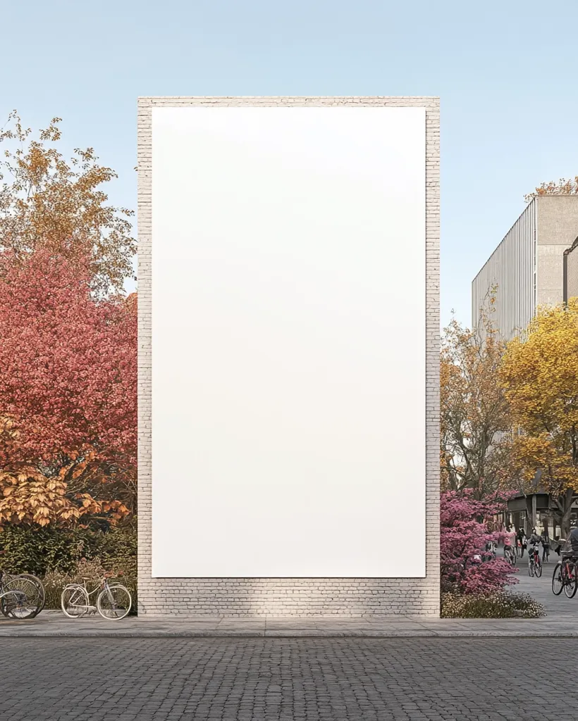 The image shows a large blank billboard on a brick wall. The billboard is positioned in front of a city street, with trees and shrubs lining the sidewalk. The trees are mostly deciduous and show a range of autumnal colors, including red, yellow, and orange. The billboard is a great blank canvas for advertising.  A few bikes are parked and people are riding by.