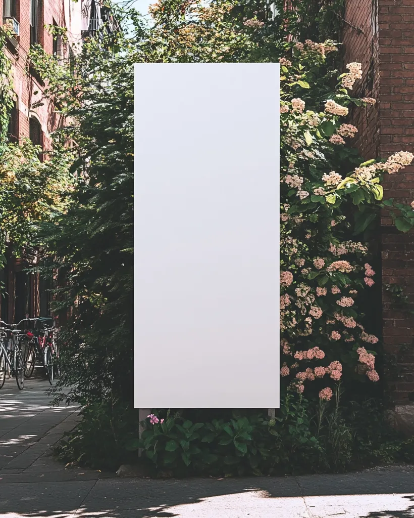 A large, blank white billboard stands in front of a brick building, half-hidden by lush green foliage. Pink flowers bloom on the vines and shrubs growing along the wall. The sidewalk in front of the billboard is empty, with a row of parked bicycles visible in the background.  The scene suggests a quiet, urban setting with a touch of natural beauty.