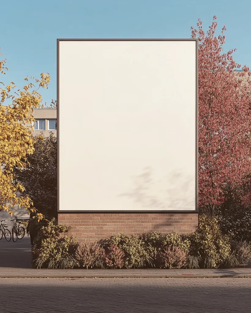 A large blank billboard stands tall against a brick wall, surrounded by lush greenery. The billboard is positioned in front of a building with a window, hinting at an urban setting. The sky above is a clear, bright blue, suggesting a sunny day. The image captures a simple yet intriguing scene, with the blank billboard serving as a canvas for the viewer's imagination.