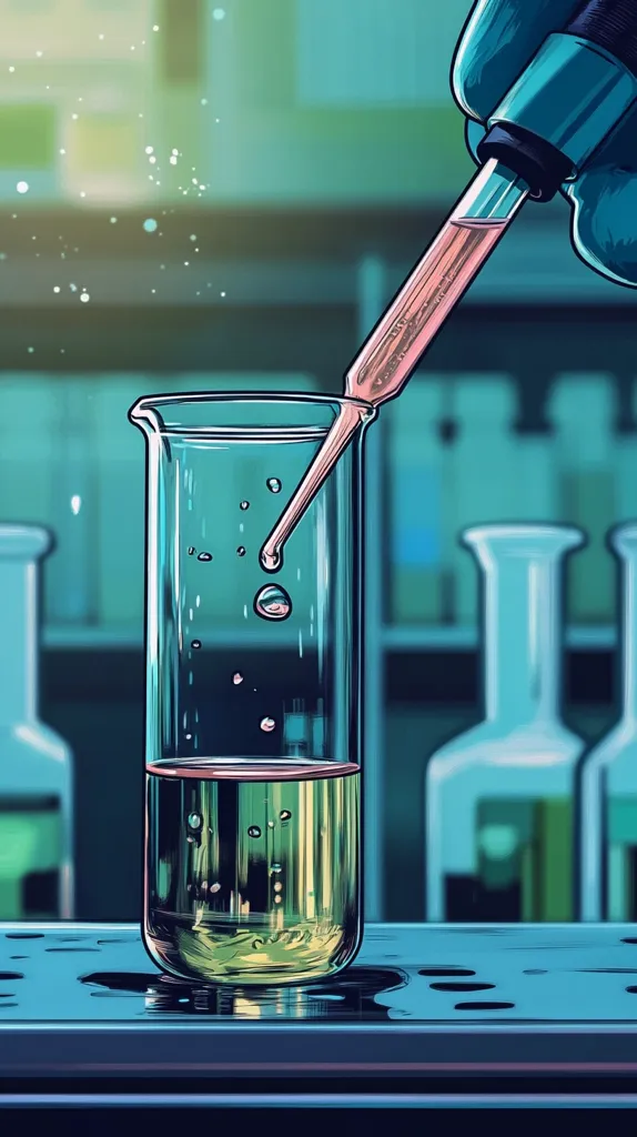 A close-up shot of a laboratory setting. A glass beaker sits on a blue surface, containing a yellow liquid. A pipette, attached to a blue bulb, drips pink liquid into the beaker. The background is blurred, with other beakers visible. The image suggests scientific experimentation.