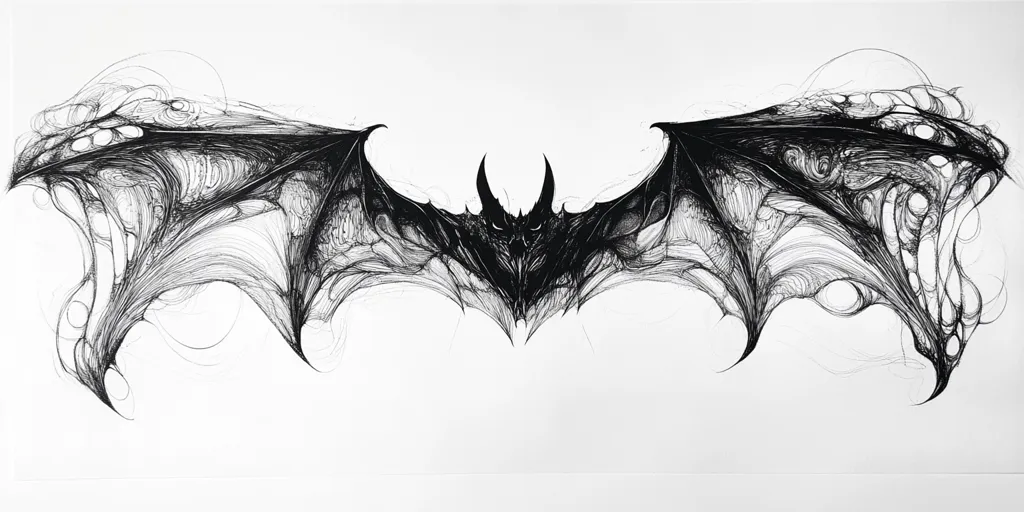 The image is a detailed pen and ink drawing of a bat with intricate, swirling patterns that create the illusion of movement and texture. The bat's wings are spread wide, and its sharp, pointed ears and menacing eyes give it a sinister appearance. The background is white, emphasizing the dark figure of the bat and its intricate details. The drawing has a sense of both beauty and danger, capturing the essence of this nocturnal creature.