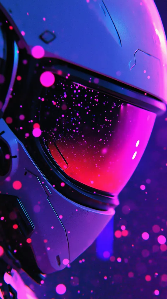 A close-up of a futuristic helmet with a visor that reflects a pink and purple nebula. The helmet is white and has a sleek, modern design. It is surrounded by a field of small, pink and purple lights, giving the image a dreamy, ethereal quality.  The helmet’s visor is reflected with a pink and purple nebula.