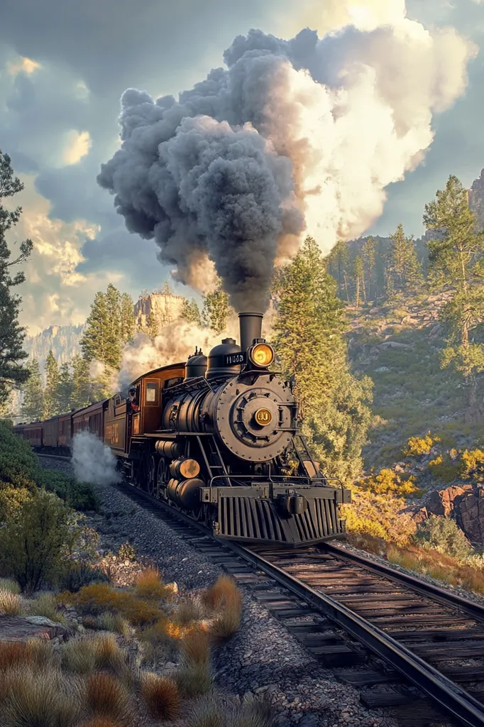 A vintage steam locomotive chugs along a track through a wooded landscape. Thick clouds of smoke billow from the engine, painting the sky a hazy gray. The train appears to be traveling uphill, with a rocky hillside visible on the right side of the frame. The setting sun casts a golden glow over the scene.  The trees in the distance are silhouetted against the bright sky.  This is a classic image of the Wild West and the power of the steam engine.