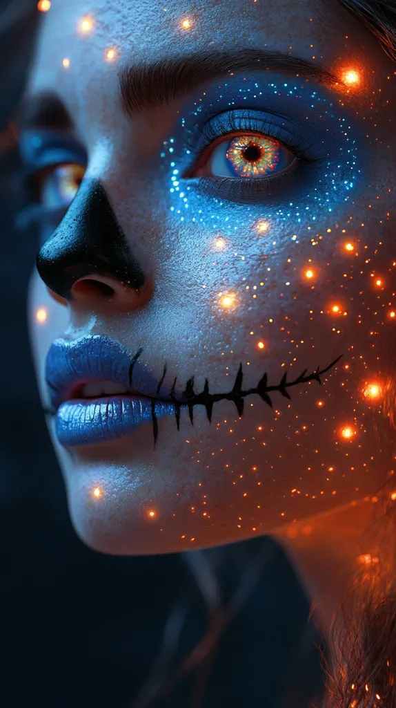 The image shows a woman's face with striking makeup. Her eye is outlined in a dark blue with a bright orange contact lens. Her skin is covered in a glowing blue and orange glitter. A black stitched line outlines her mouth, and her lips are painted blue. The image is striking and almost otherworldly.