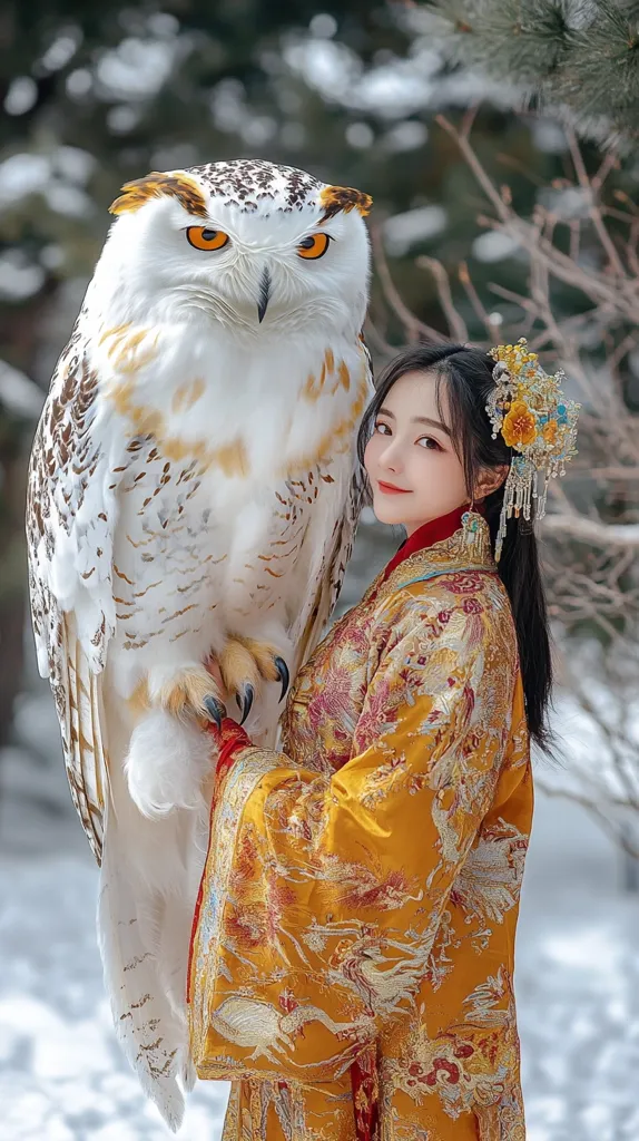 A young woman in a traditional Chinese dress holds a large snowy owl. The owl is perched on her arm and its sharp yellow eyes stare intently. The woman has long black hair and a delicate, feminine face. The background is a snowy landscape with blurred trees. The image captures a unique juxtaposition of nature and human artistry.