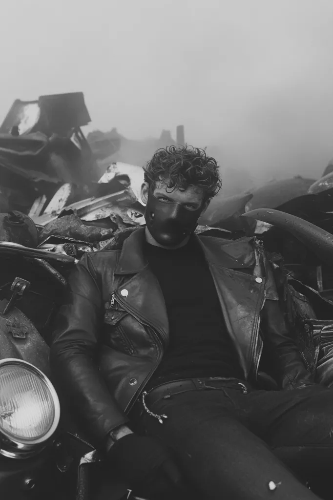 A man wearing a black leather jacket and a black mask sits amongst a pile of scrap metal in a foggy, abandoned-looking place. The man's face is hidden, creating a sense of mystery and intrigue.  The image is shot in black and white, adding to the overall gritty and atmospheric feel.