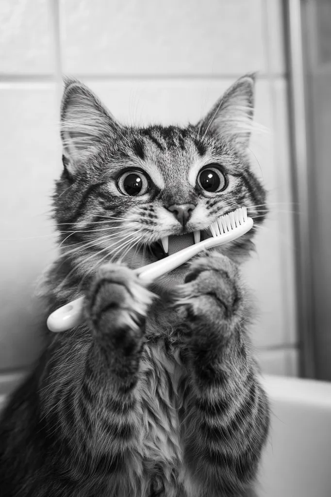 A black and white photo of a cat, holding a toothbrush in its mouth with its paws. The cat's eyes are wide open and it looks surprised. The cat is sitting in a bathroom, with white tiles in the background.  The image is humorous and playful, suggesting that the cat is trying to imitate human behavior.  The toothbrush is positioned as if the cat is about to brush its teeth.
