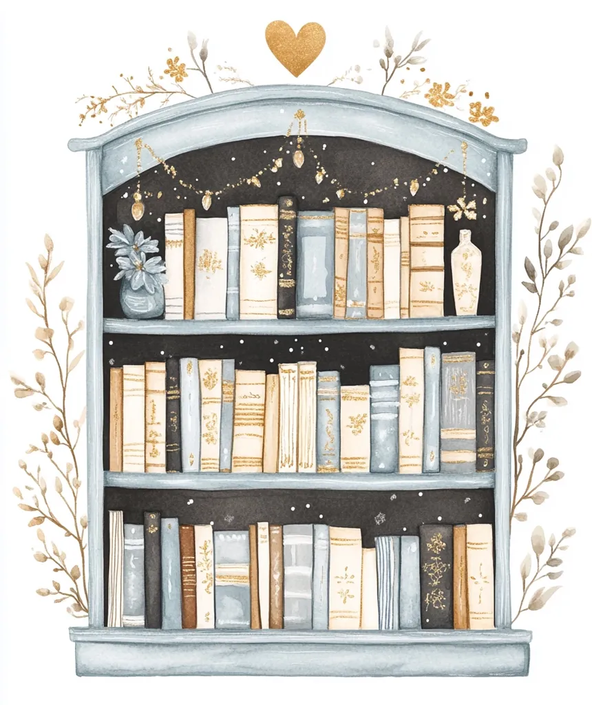 A watercolor illustration of a bookshelf overflowing with books. The shelves are painted a pale blue, and the books are in various shades of beige, brown, and blue. A single golden heart sits above the bookshelf, and delicate sprigs of golden leaves frame the scene.  The bookshelf is filled with stories waiting to be read.