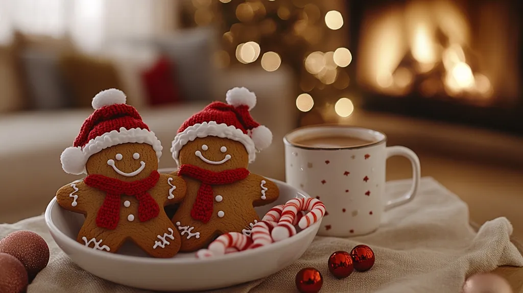 Two gingerbread men, wearing Santa hats and scarves, sit in a white bowl with candy canes. A warm cup of coffee rests on a white cloth next to the bowl. The scene is set before a cozy fireplace with a blurred background of Christmas lights. The warmth and festive spirit of the season are evident in the image.