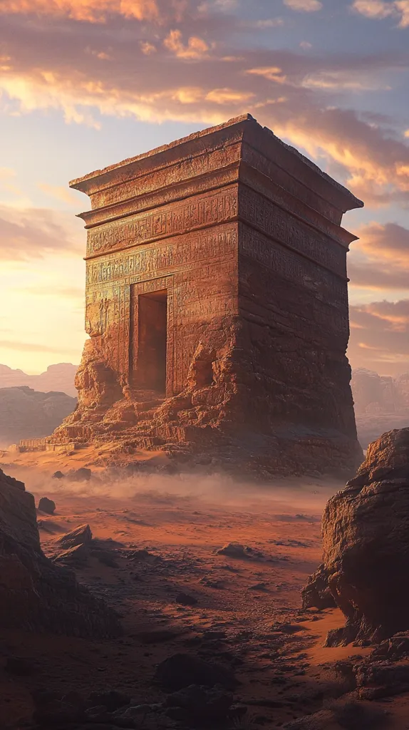 An ancient, weathered stone structure stands tall against a dusty, red desert landscape. Carved with intricate patterns and a large doorway, it seems to be a forgotten temple or shrine, with a hazy, golden light illuminating the scene. The  ruins are bathed in the soft glow of a setting sun, casting long shadows across the barren earth.  The image conveys a sense of mystery and timelessness, hinting at a lost civilization and forgotten stories.