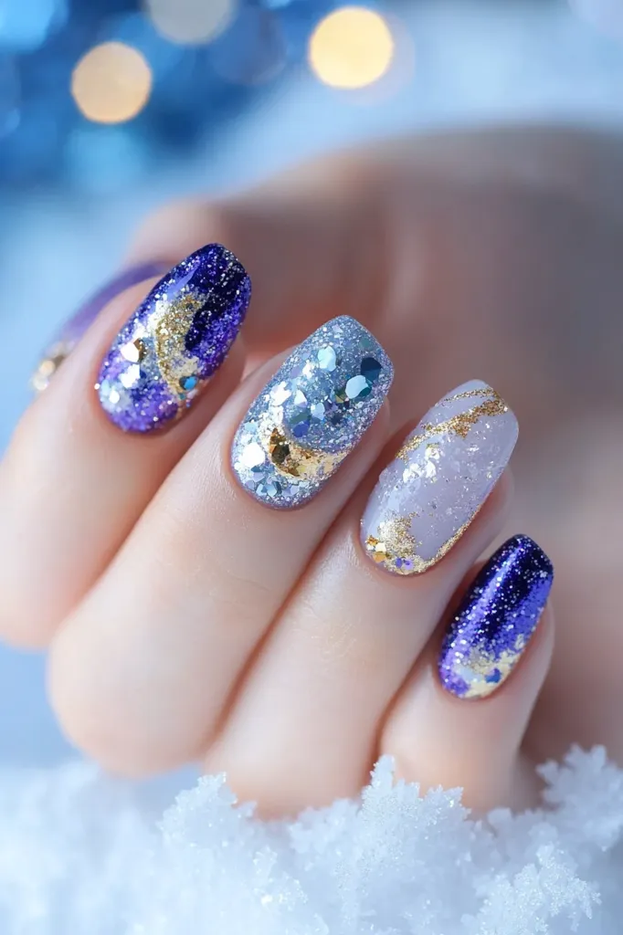 A close-up shot of a hand with five fingers, each with a different glittery nail polish.  The nails are painted in shades of purple, silver, and nude, and all are adorned with small gold glitter.  The background is a blurry, out-of-focus shot of white and blue.  The hand rests on a bed of small white crystals.  The photo has a festive, holiday feel.