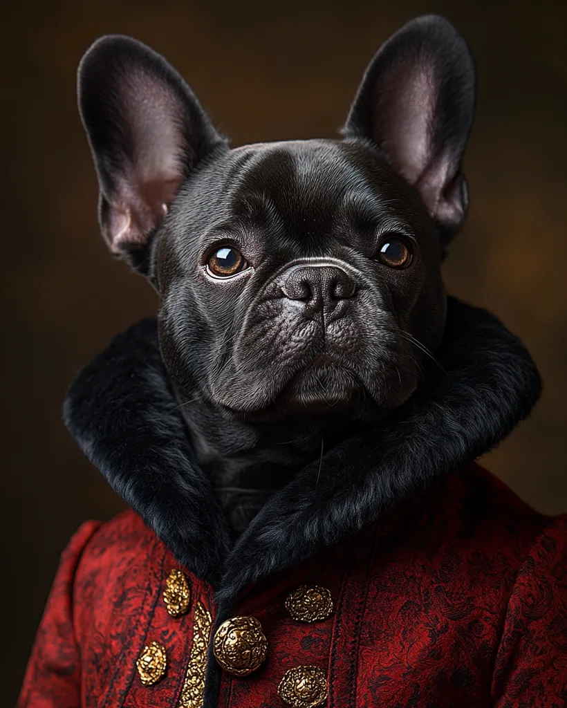 A black French Bulldog with large, dark eyes stares intently at the camera. The dog is dressed in a red coat with a black fur collar, and gold buttons adorn the jacket. The background is a soft brown. The dog appears to be wearing an elegant and stately outfit.  The photo captures the dog’s dignified and intelligent expression.