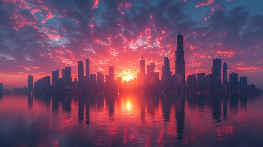 A stunning panoramic view of a city skyline at sunset, with the sun casting a vibrant red glow over the buildings and the clouds. The cityscape is reflected in the calm water below, creating a mirror image of the scene. The image is composed of warm colors and soft light, creating a sense of peace and tranquility.  The sky is dominated by a sea of pink and orange clouds, adding to the beauty of the scene.