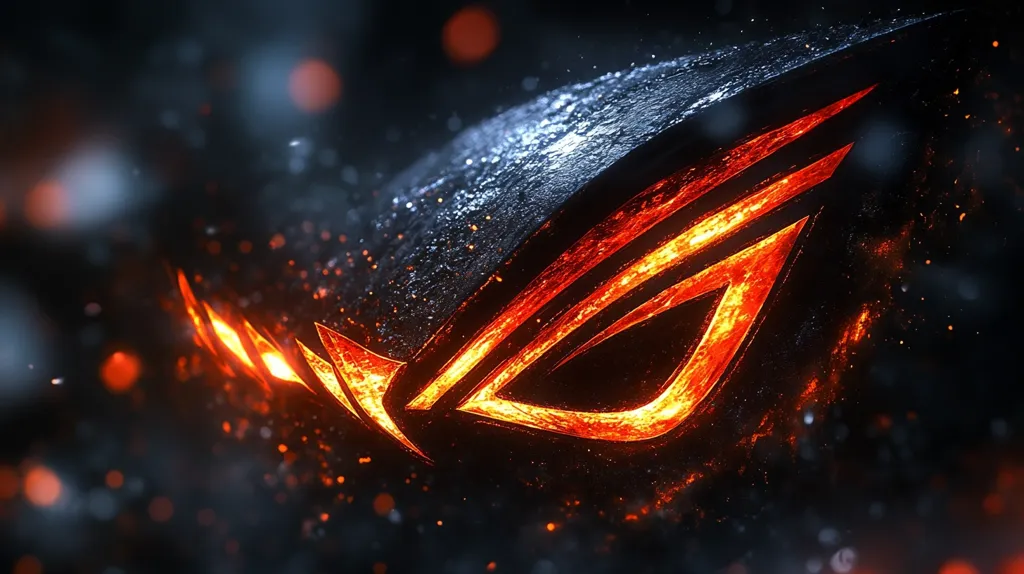 The image shows a close-up of the ROG logo, a stylized eye with three angled lines and a small shape in the center, with a fiery glow against a dark background. The logo appears to be made of metal with a rough, textured surface. The fiery glow creates a sense of energy and power, making the logo appear dynamic and aggressive.