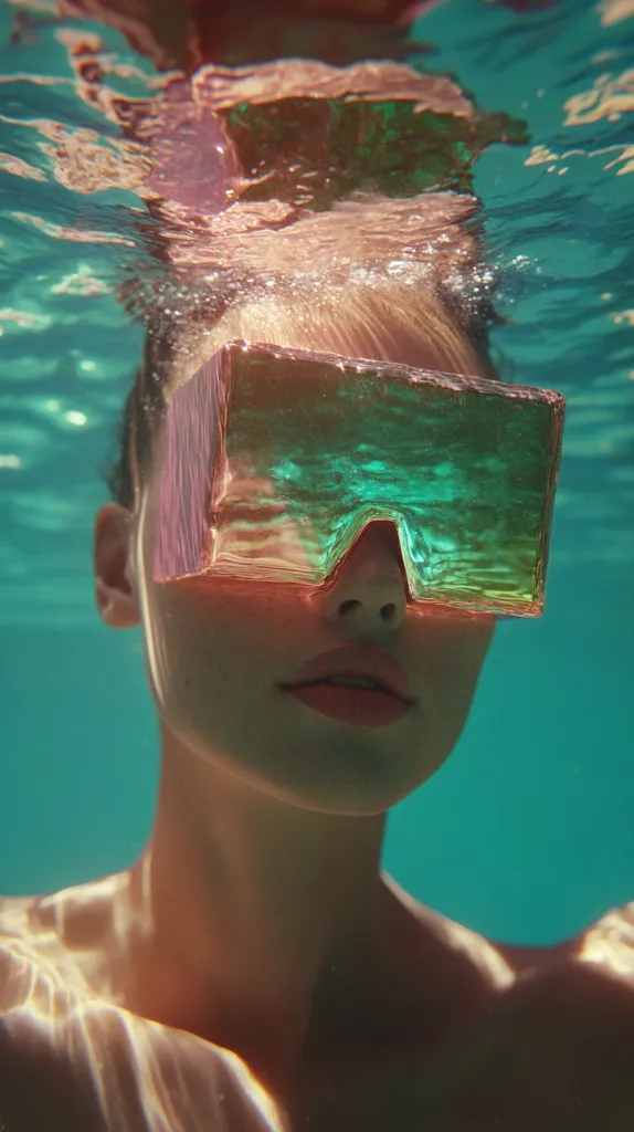 A woman with large, colorful sunglasses is submerged in a pool of water. The turquoise water shimmers and reflects the light, creating a dreamy atmosphere. The woman's face is serene and the image evokes a sense of peace and tranquility.