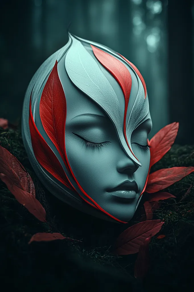 A close-up of a stylized face mask made of white and red leaves. The eyes are closed and the mouth is slightly parted. The mask is surrounded by red leaves and dark foliage. The background is blurry, with the focus on the mask. The image has a surreal and dreamlike quality.