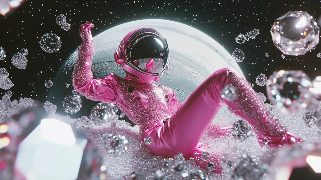 An astronaut, wearing a shiny pink spacesuit, floats amongst a sea of shimmering diamonds. The astronaut's helmet reflects the surrounding space, which is filled with twinkling stars and a large, white moon. The image creates a sense of wonder and surreal beauty.