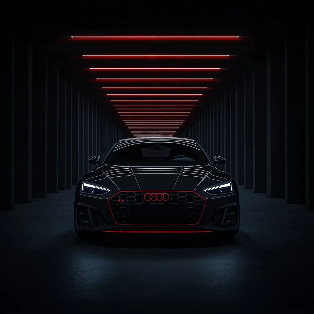 A sleek black Audi S5 sits in a dark, industrial space illuminated by a series of red neon lights. The car's headlights and grille are visible, along with the iconic Audi logo. The dark background and neon lights create a dramatic and futuristic aesthetic.