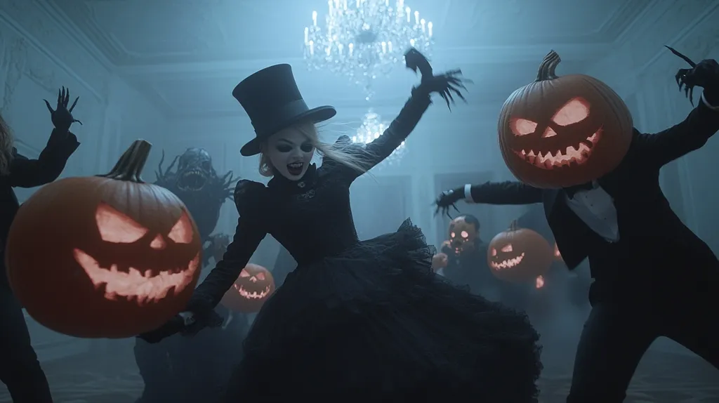 A woman in a black dress and top hat dances in a dimly lit room, surrounded by people wearing pumpkin heads. The room is decorated with a large chandelier, and the atmosphere is eerie. The image is a spooky and festive scene, capturing the essence of a Halloween party.  The pumpkins are all carved with menacing grins and have glowing lights inside. The image is dark and mysterious, creating an unsettling mood.  The woman's black dress and top hat create a stark contrast against the pale surroundings. The scene is filled with a sense of mystery and anticipation.